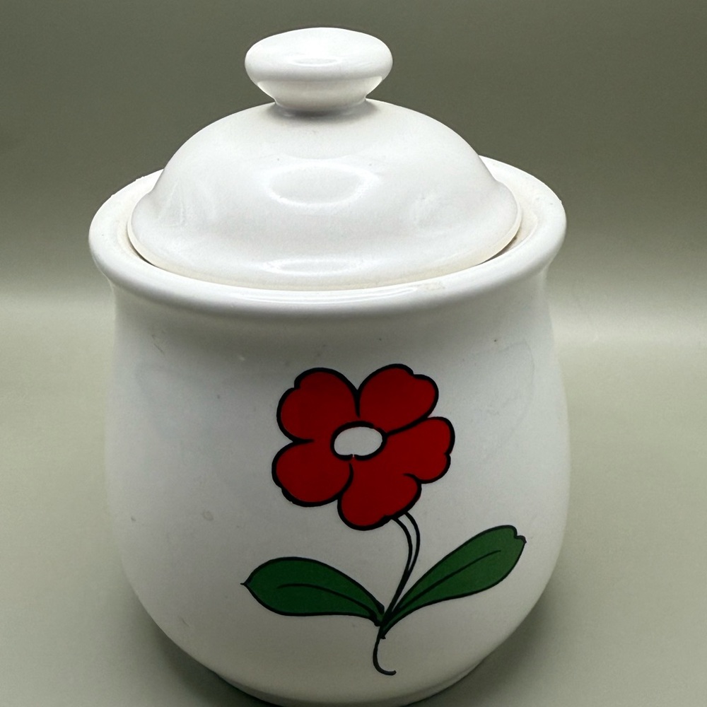 1980 Japanese sugar jar and lid. Hand painted red flower.